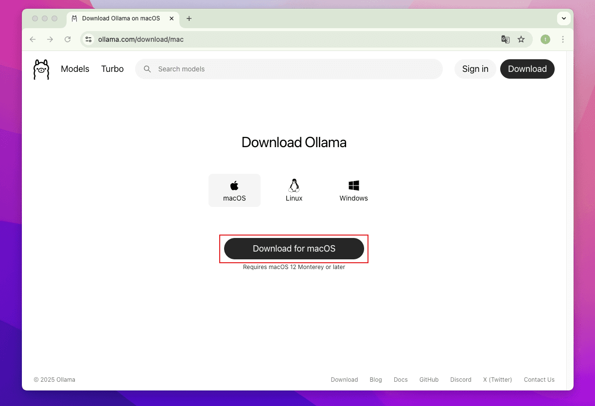 Ollama公式ダウンロードページのMacダウンロードボタン