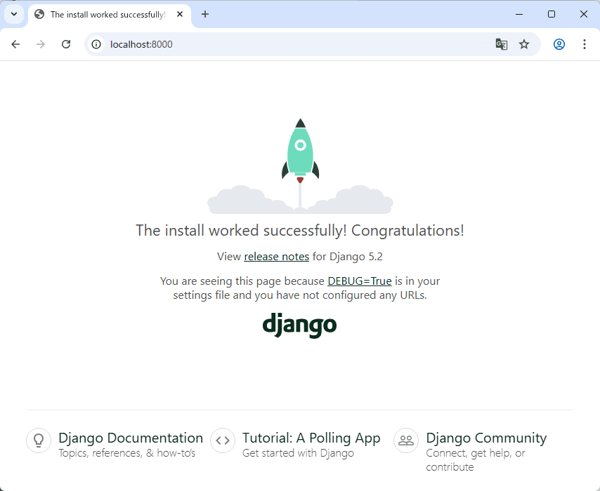 Djangoのウェルカムページ（ロケット画面）