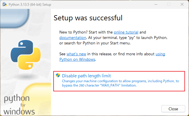 Disable path length limitをクリック