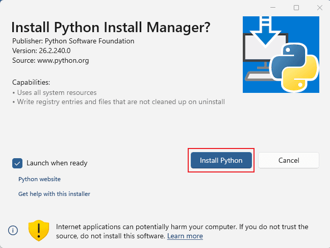 Python install managerのインストール画面